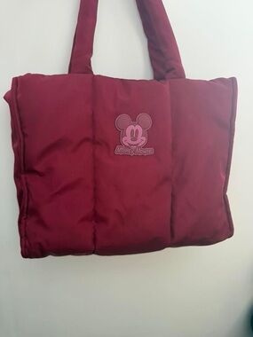 Disney Quilted Tote Bag in Burgundy Red with Mickey Patch